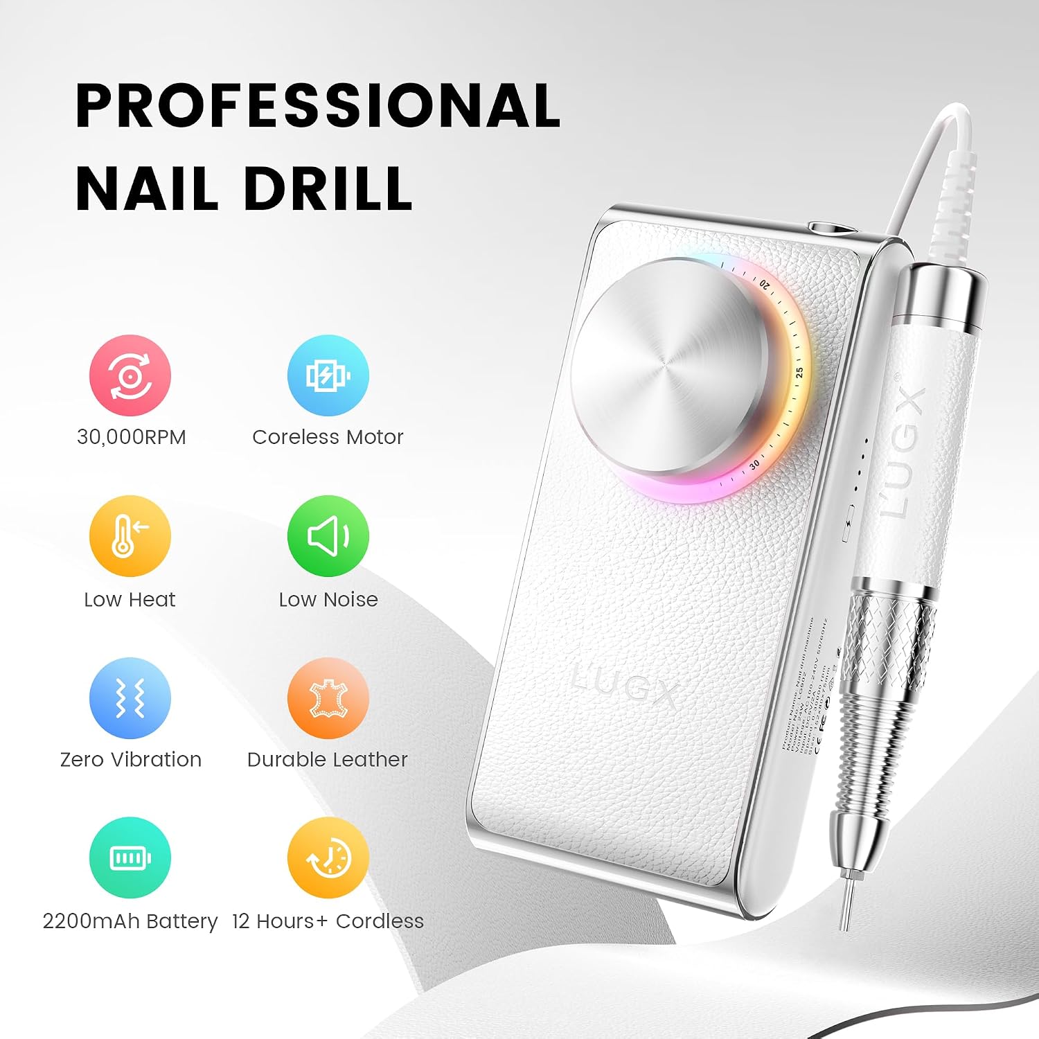 L'UGX LG902 white cordless nail drill with aluminum control knob and textured handle - 2