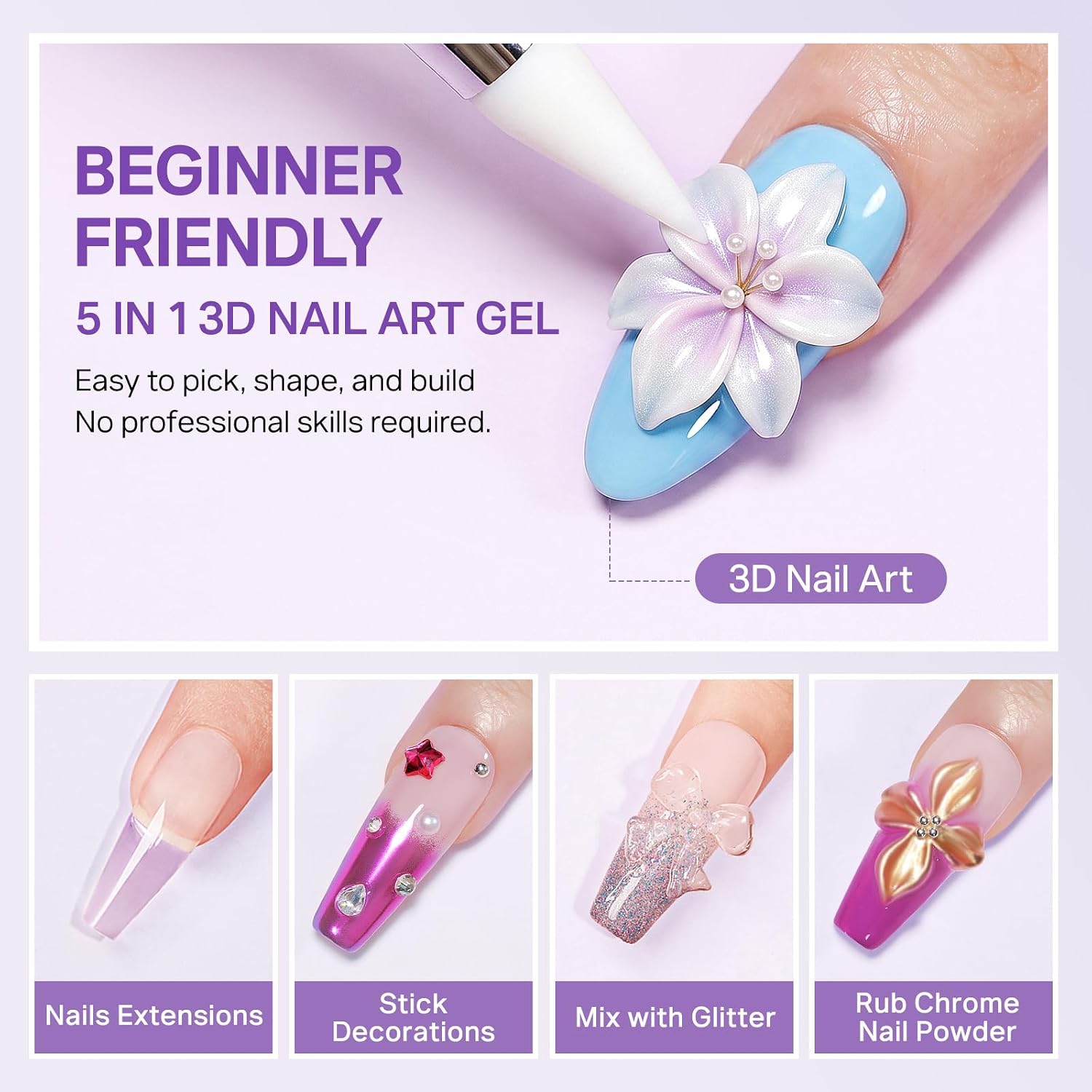 MIZHSE 3D sculpting gel kit with clear and white gels, flower mold, and nail forms - 2