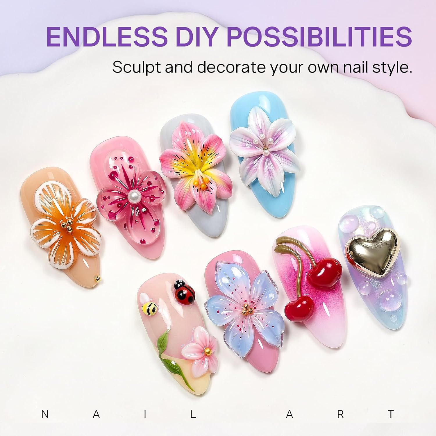 MIZHSE 3D sculpting gel kit with clear and white gels, flower mold, and nail forms - 3