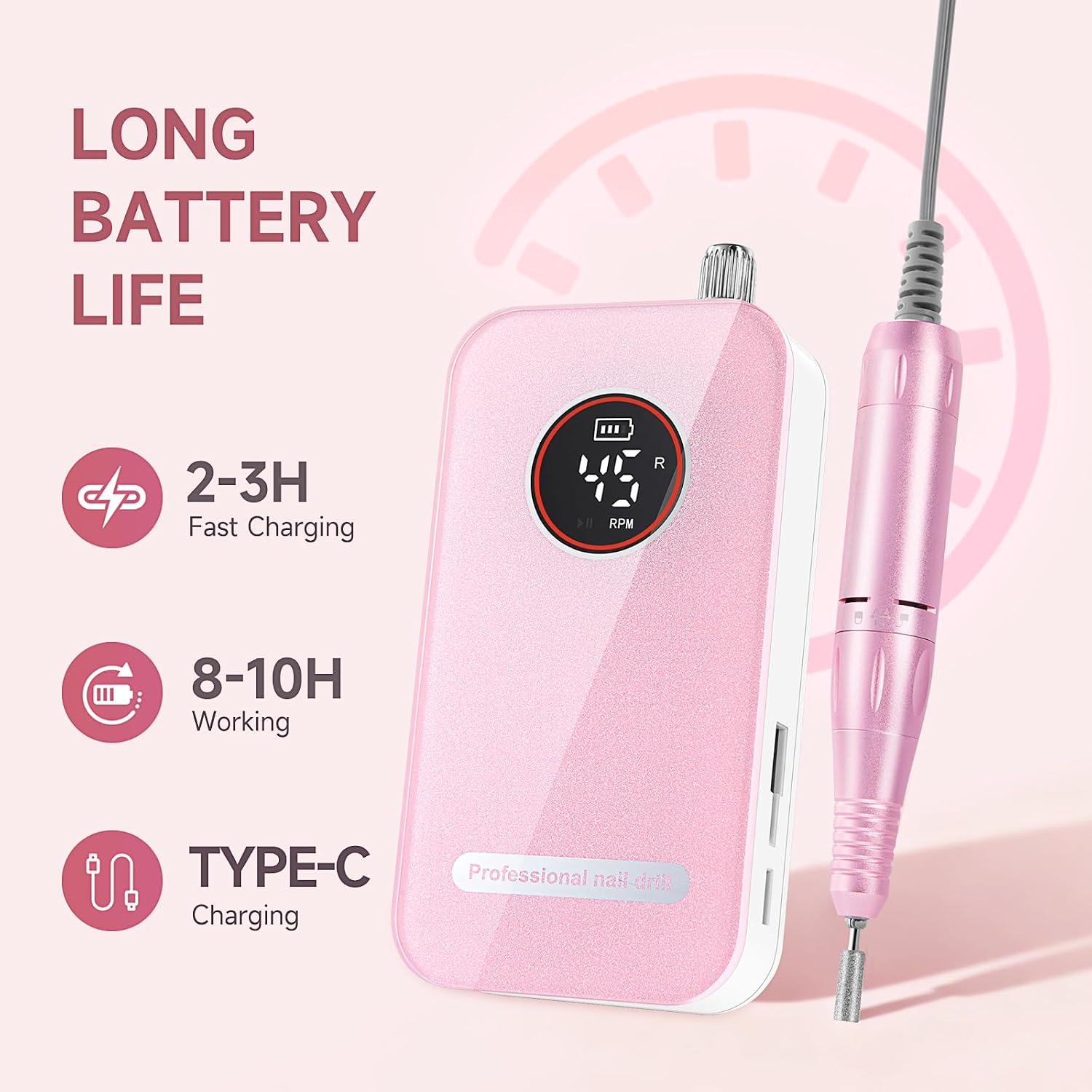 pink rechargeable cordless nail drill with bits and storage base - 3
