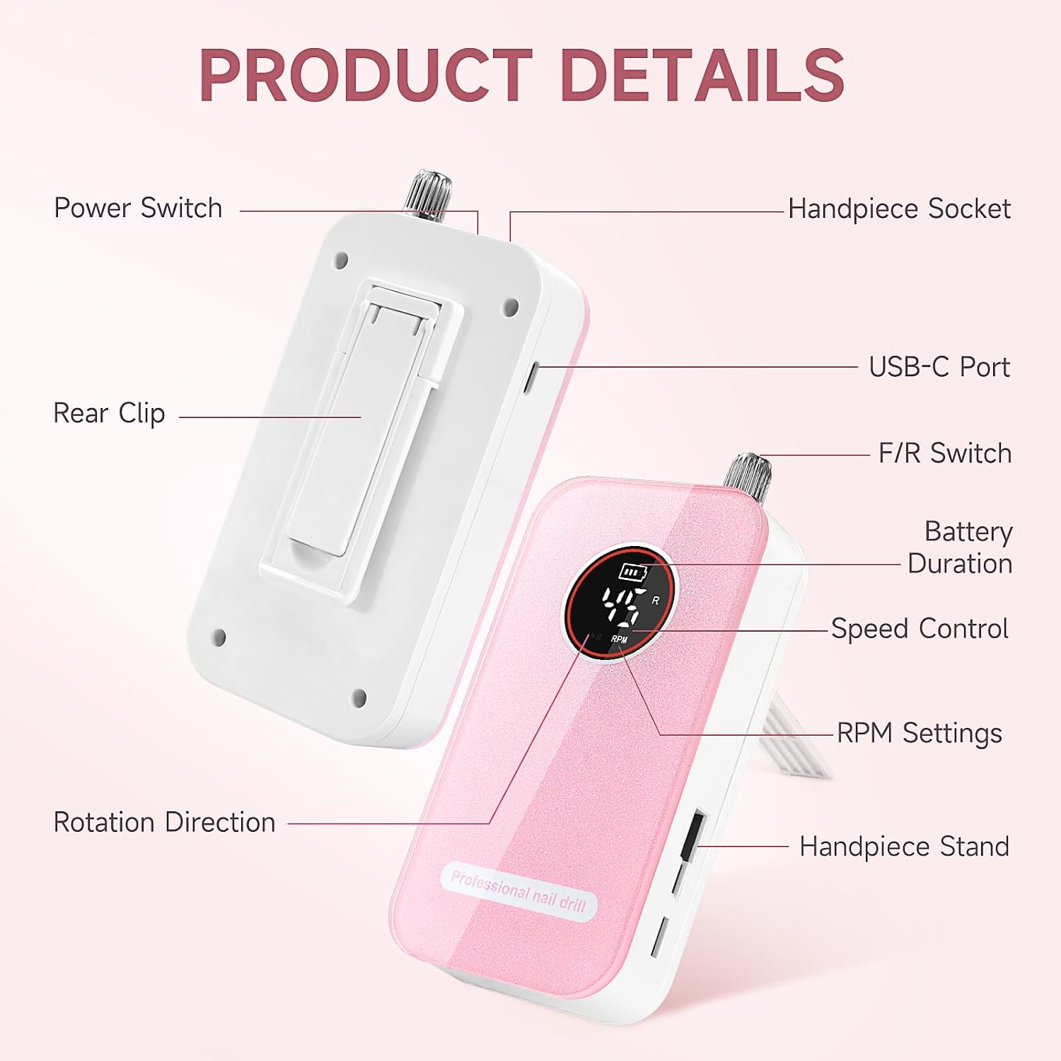 pink rechargeable cordless nail drill with bits and storage base - 4