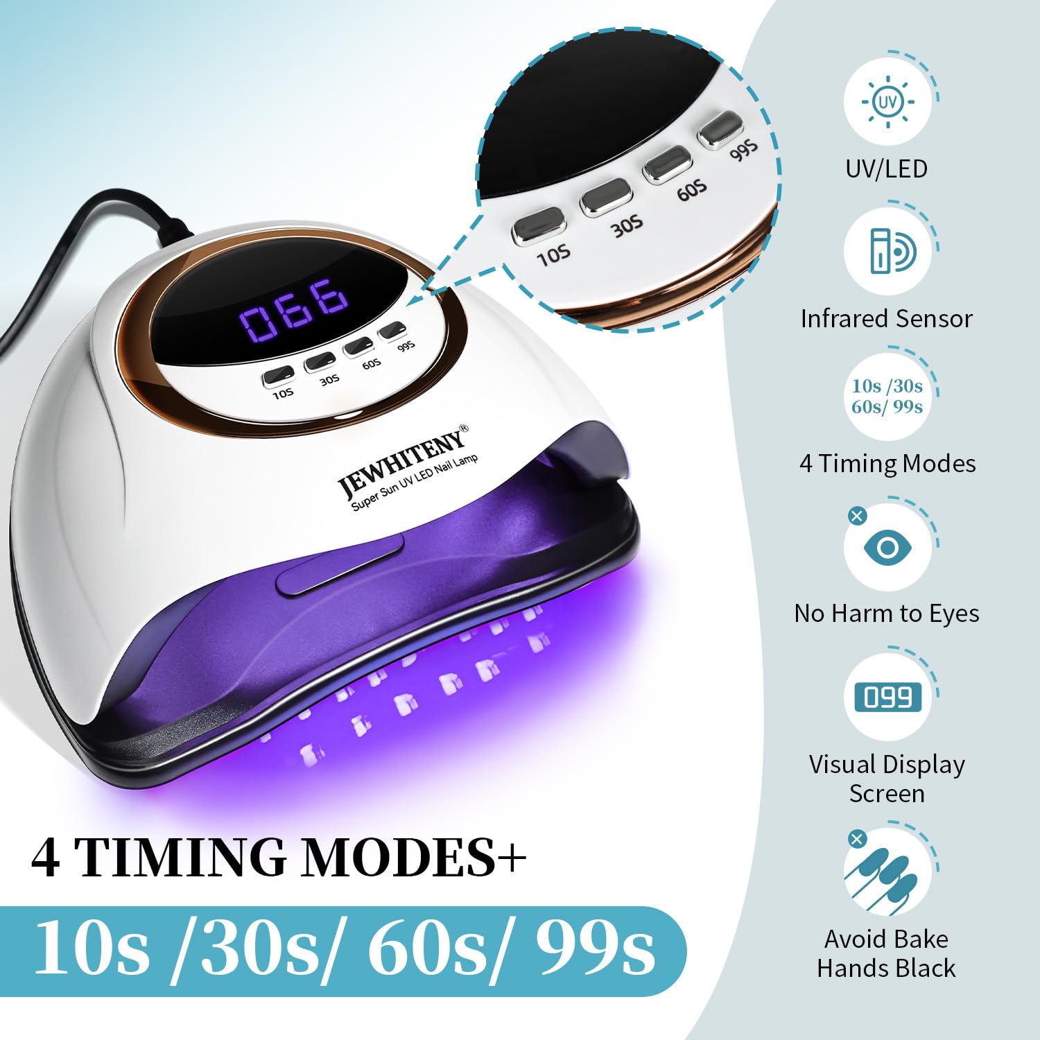 JEWHITENY white UV LED nail lamp with colorful finish and removable base - 3
