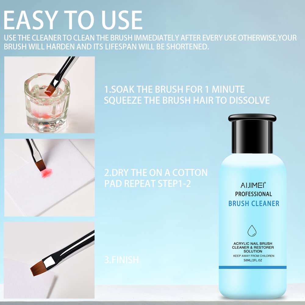 AIJIMEI acrylic nail brush cleaner 58ml bottle with glass cup and 50 cotton pads - 2
