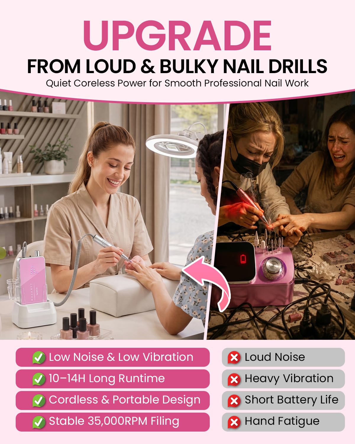 Pink cordless electric nail drill with LCD display and charging base - 2