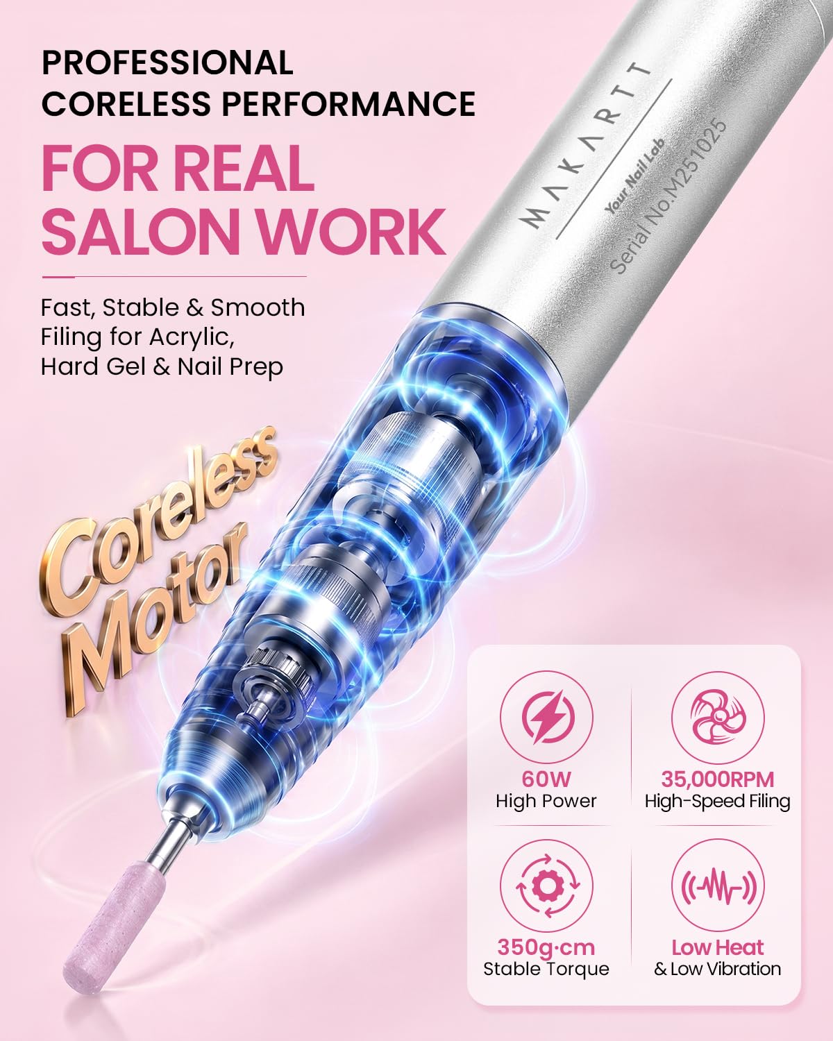 Pink cordless electric nail drill with LCD display and charging base - 3