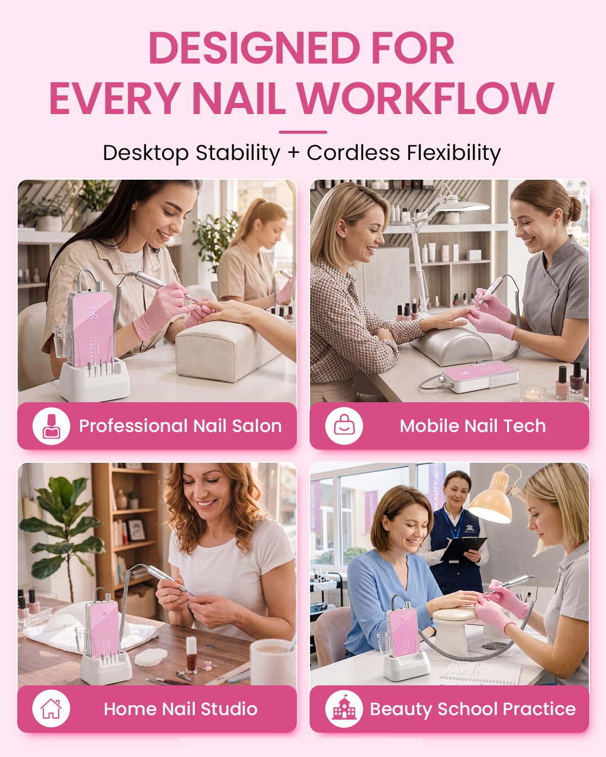 Pink cordless electric nail drill with LCD display and charging base - 4