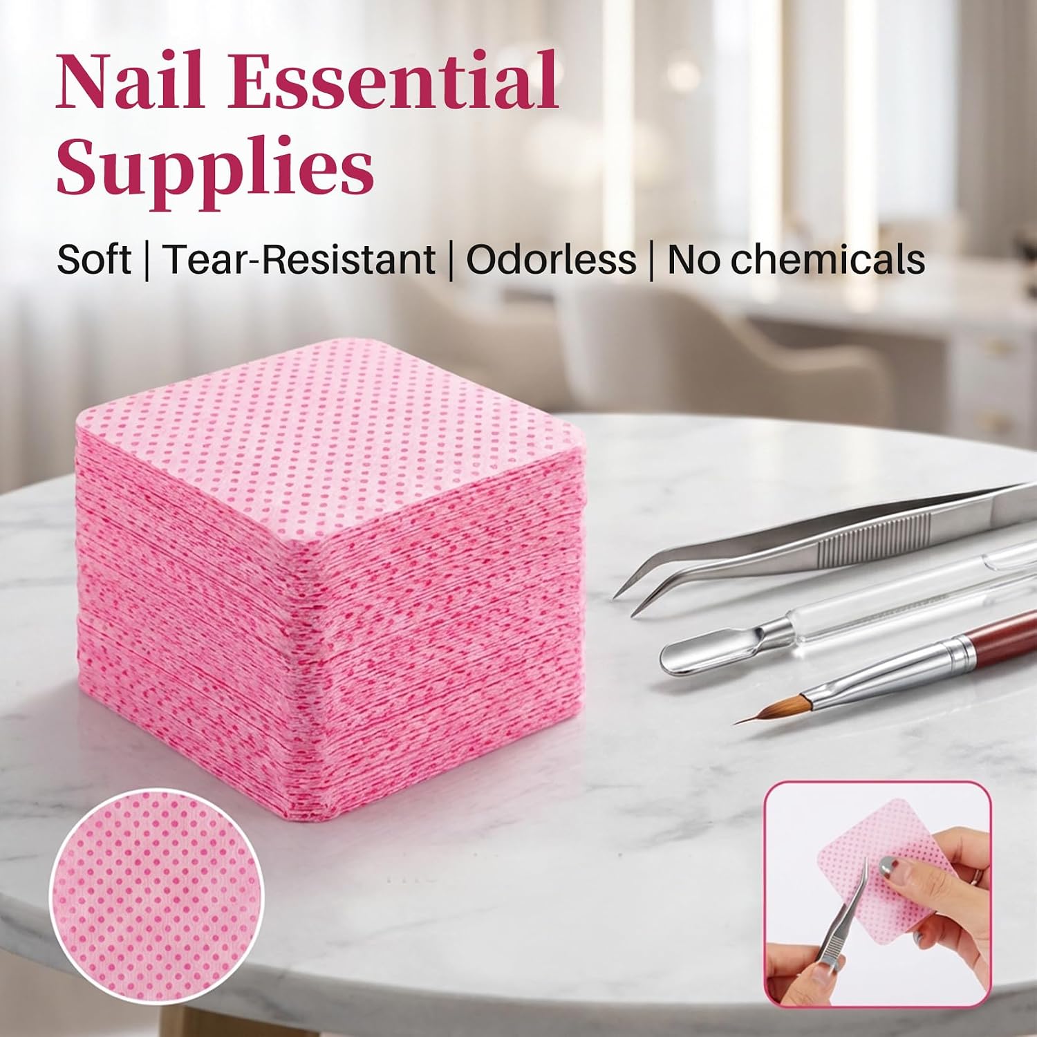 MAQIHAN pink lint-free nail wipes pack showing square non-woven pads - 3