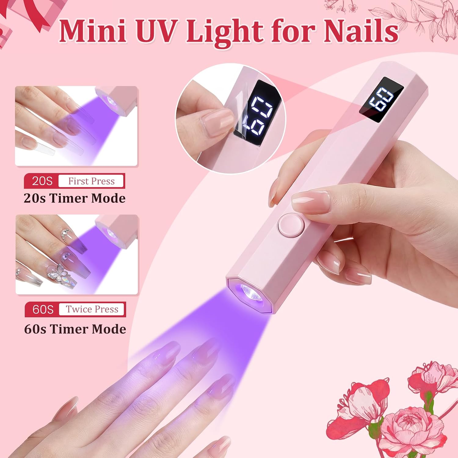Pink mini handheld UV nail lamp with digital display - 2