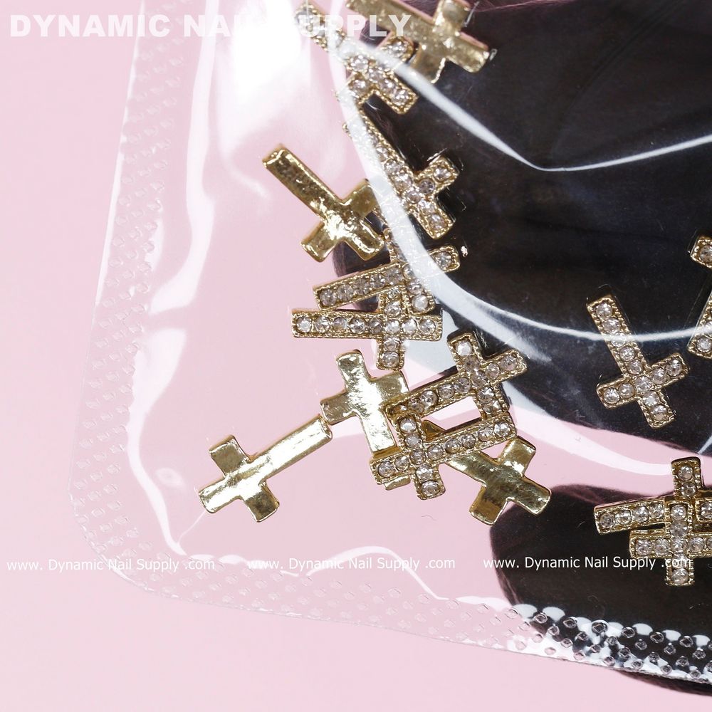 gold rhinestone cross nail charms set - 2
