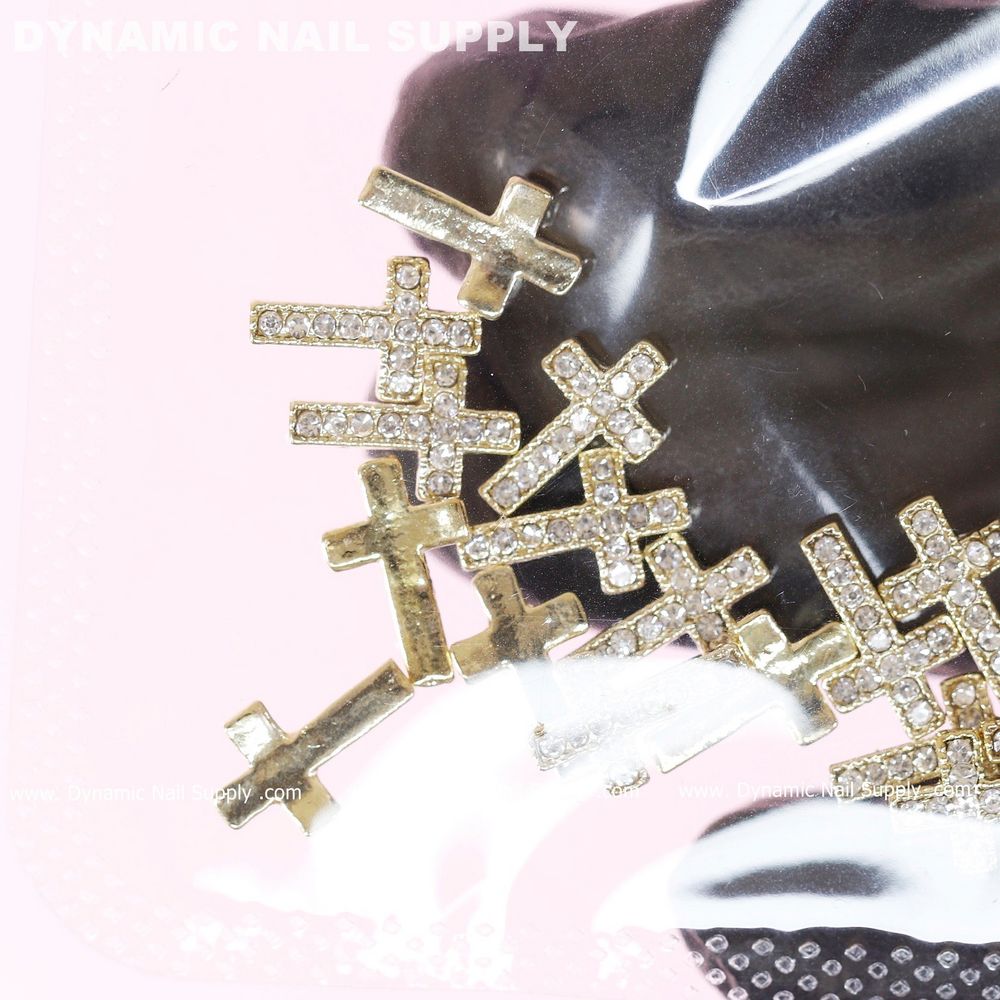 gold rhinestone cross nail charms set - 3