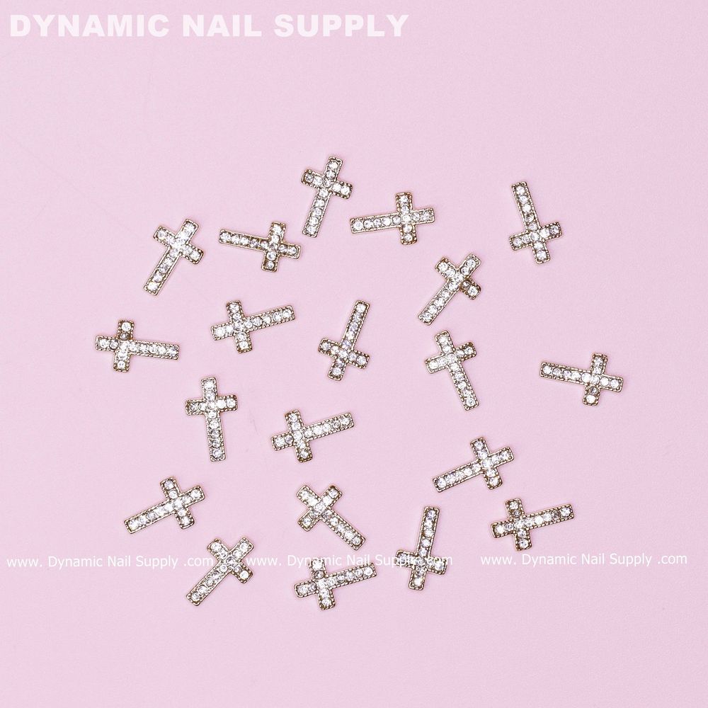 gold rhinestone cross nail charms set - 4