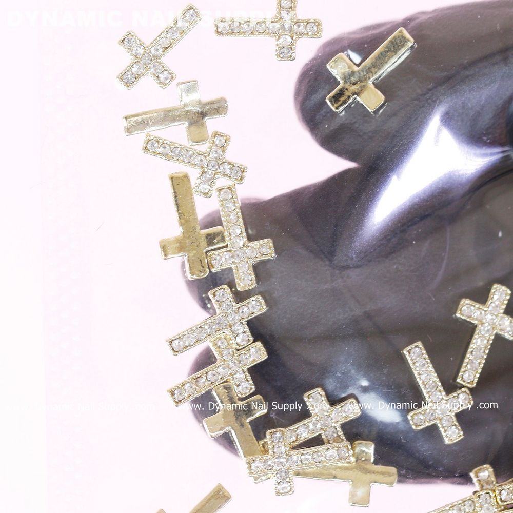 gold rhinestone cross nail charms set - 5