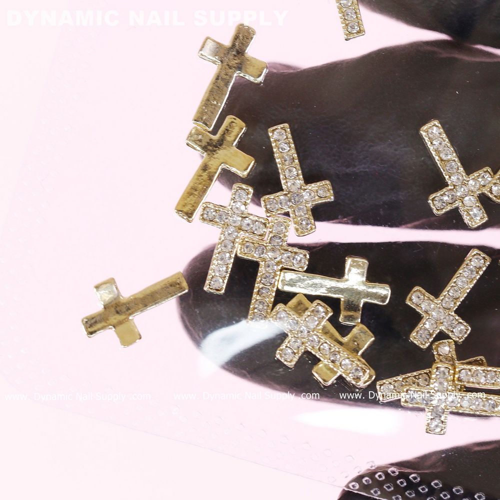 gold rhinestone cross nail charms set - 6